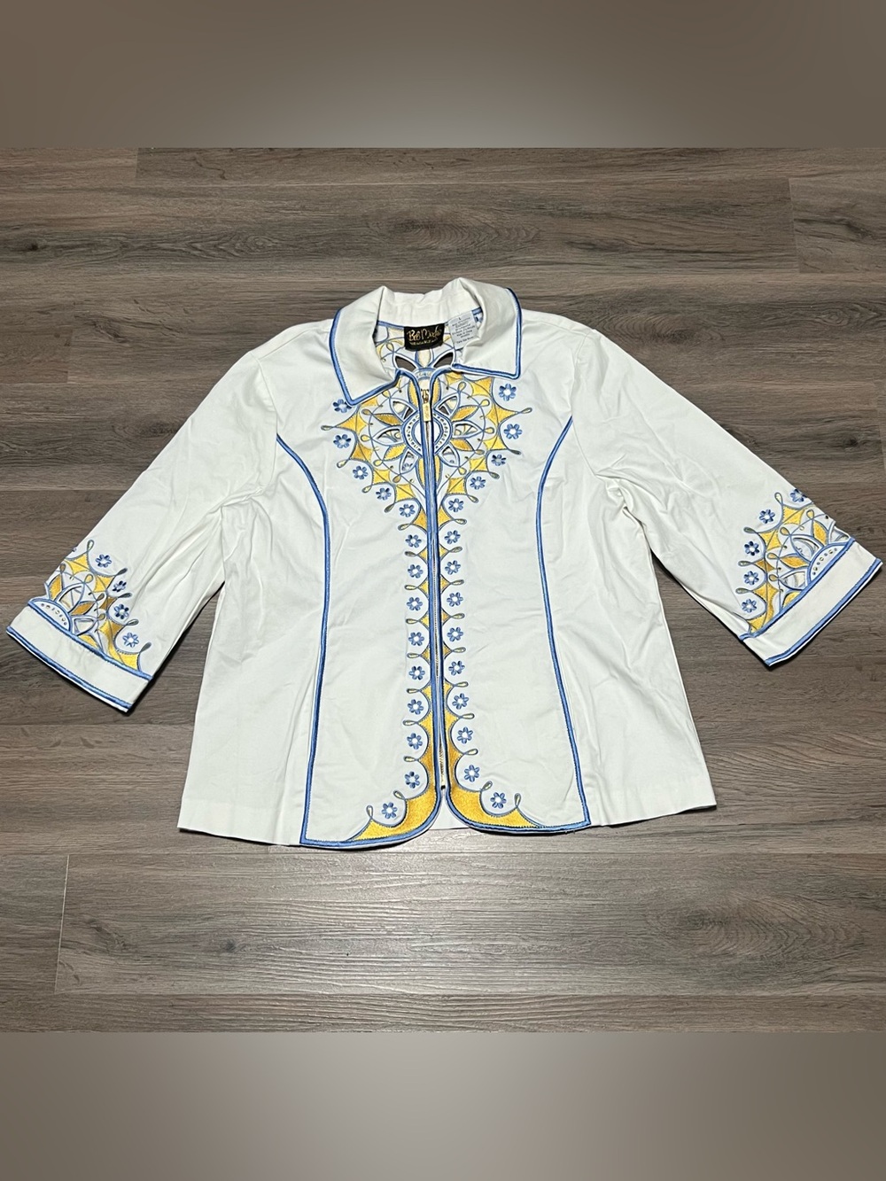 Bob Mackie Wearable Art Jacket Large Embroidered White Blue Full Zip Y2K Vintage